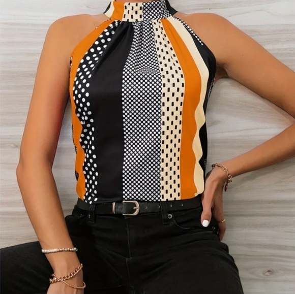 🆕️Polka Dot & Striped Halter Neck Top | Chic Colorblock Spri🤍🧡 Vibes 😍✨ - Picture 8 of 14